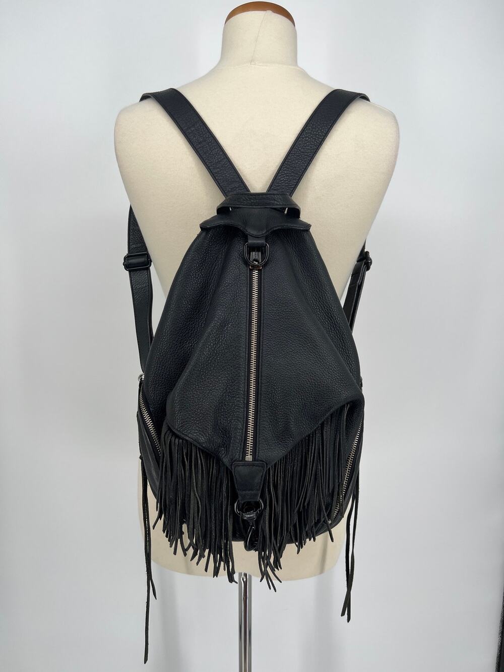 Rebecca Minkoff Julian Fringe Backpack Black Pebbled Leather Convertible Soft